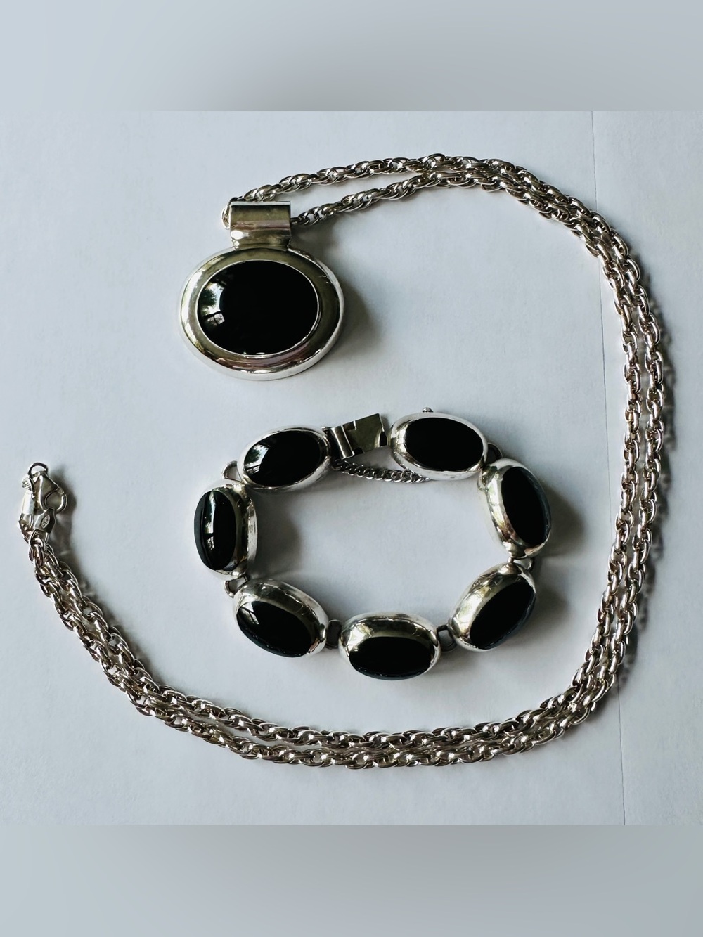 Vtg Taxco Mexico 925 Sterling Modernist Blk Onyx Necklace & Bracelet Set 95g